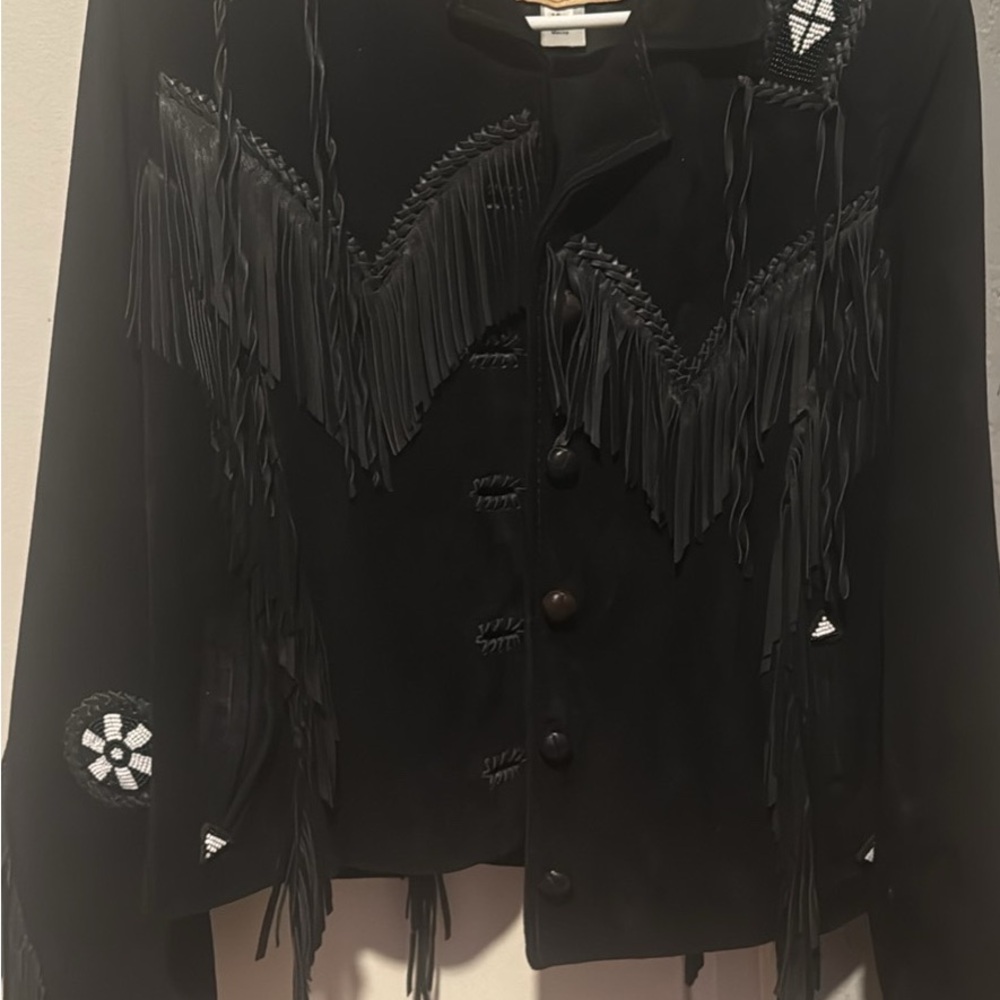 Black genuine suede leather Fringe Women's Jacket with beaded detailing